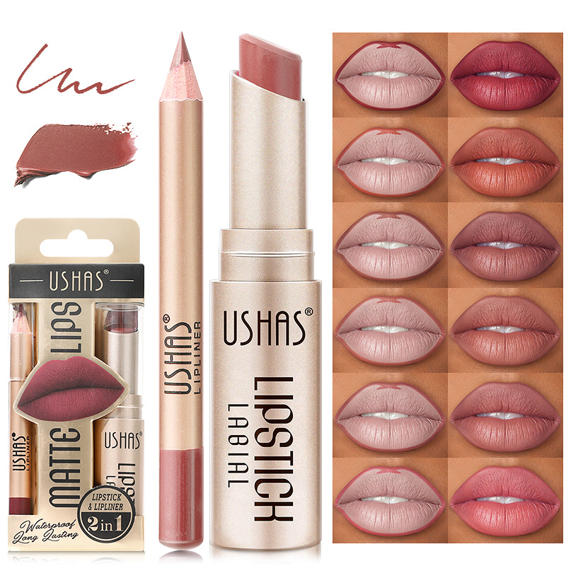 USHAS cross-border stock includes a golden packaging box, matte lipstick lip liner pen, long-lasting waterproof nude lipstick color full figure