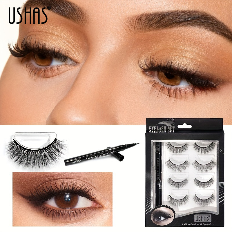 USHAS Cross-border in-stock eyeliner gel pen false eyelash set 3D mink fur Thick and curly European and American eye makeup full figure