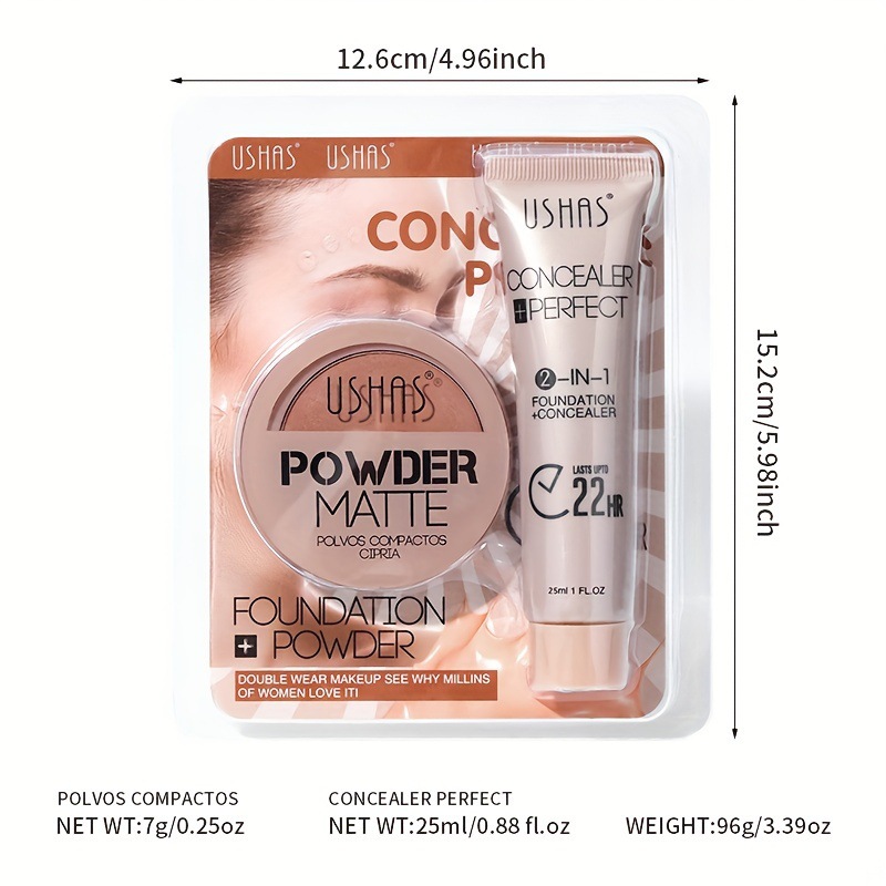 USHAS cross-border in-stock makeup powder compact + foundation set, waterproof, non-smudging, brightens skin tone, Amazon Item Picture