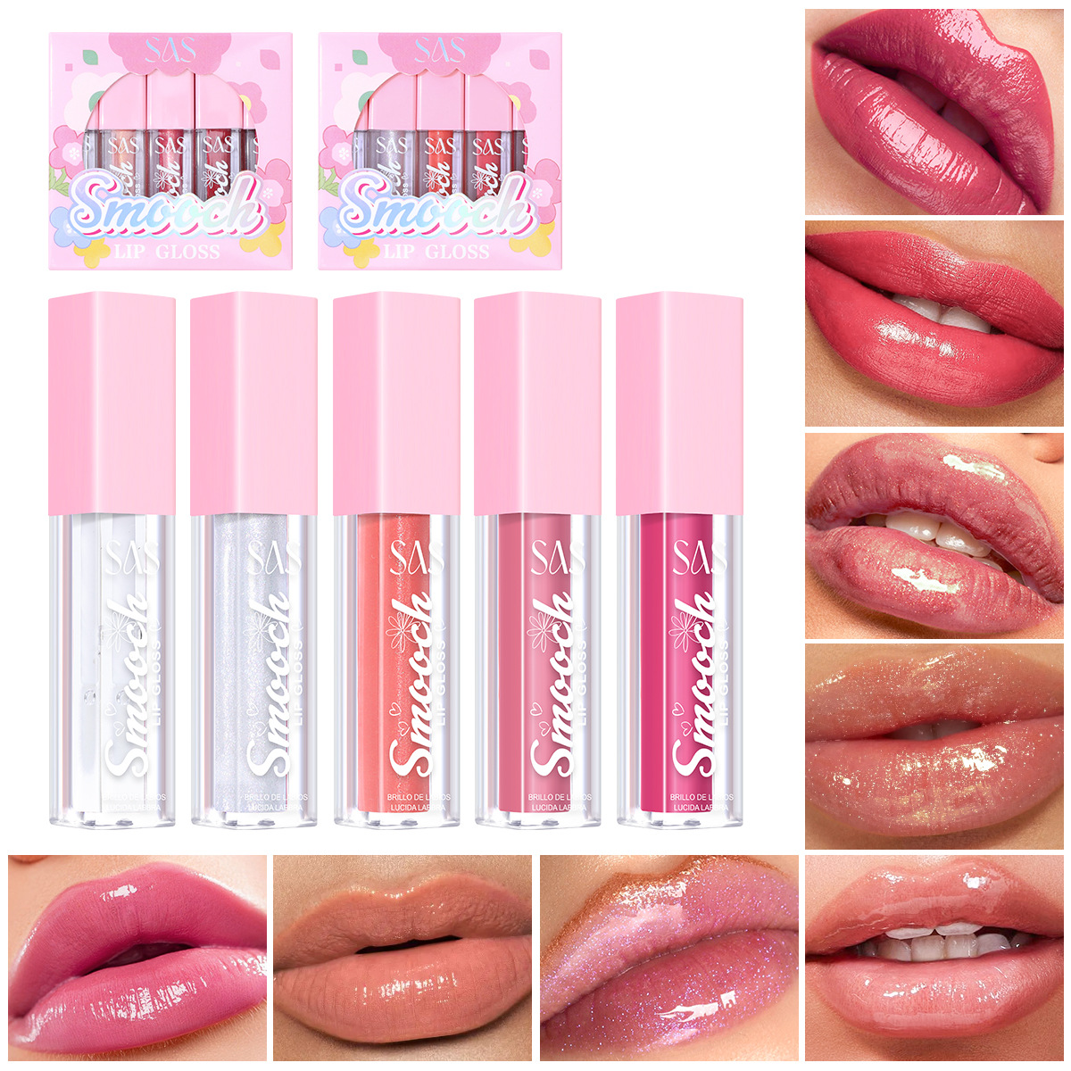USHAS Amazon's best-selling cross-border lip gloss Set: 5-piece Moisturizing Transparent Lip gloss and Lip gloss Non-stick Cup SAC128 details Picture