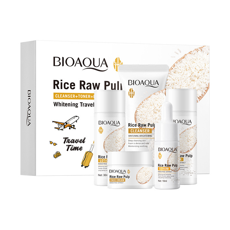 All-english BIOAOUA Rice Purees Whitening Travel Five-piece Facial Cleansing and Moisturizing Set Cross-border export wholesale Item Picture
