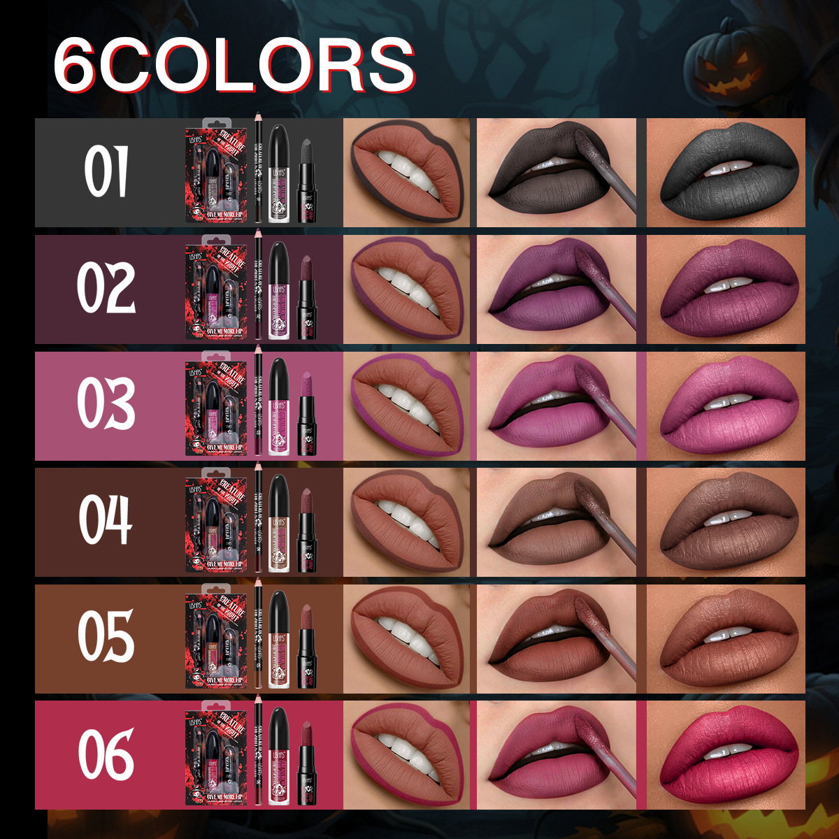 USHAS Foreign Trade Halloween in-stock Amazon Cross-border bestseller Lipstick Waterproof long-lasting non-stick Cup matte lipstick Specification drawing