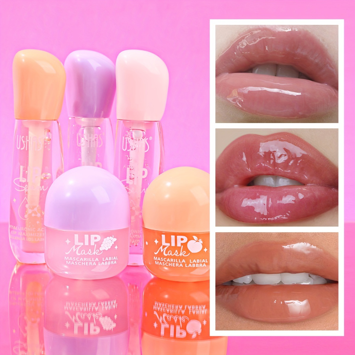 USHAS European and American cross-border Stock Lip Gloss + Lip Mask Set: High Gloss Moisturizing and Hydrating Lip Gloss US001 details Picture