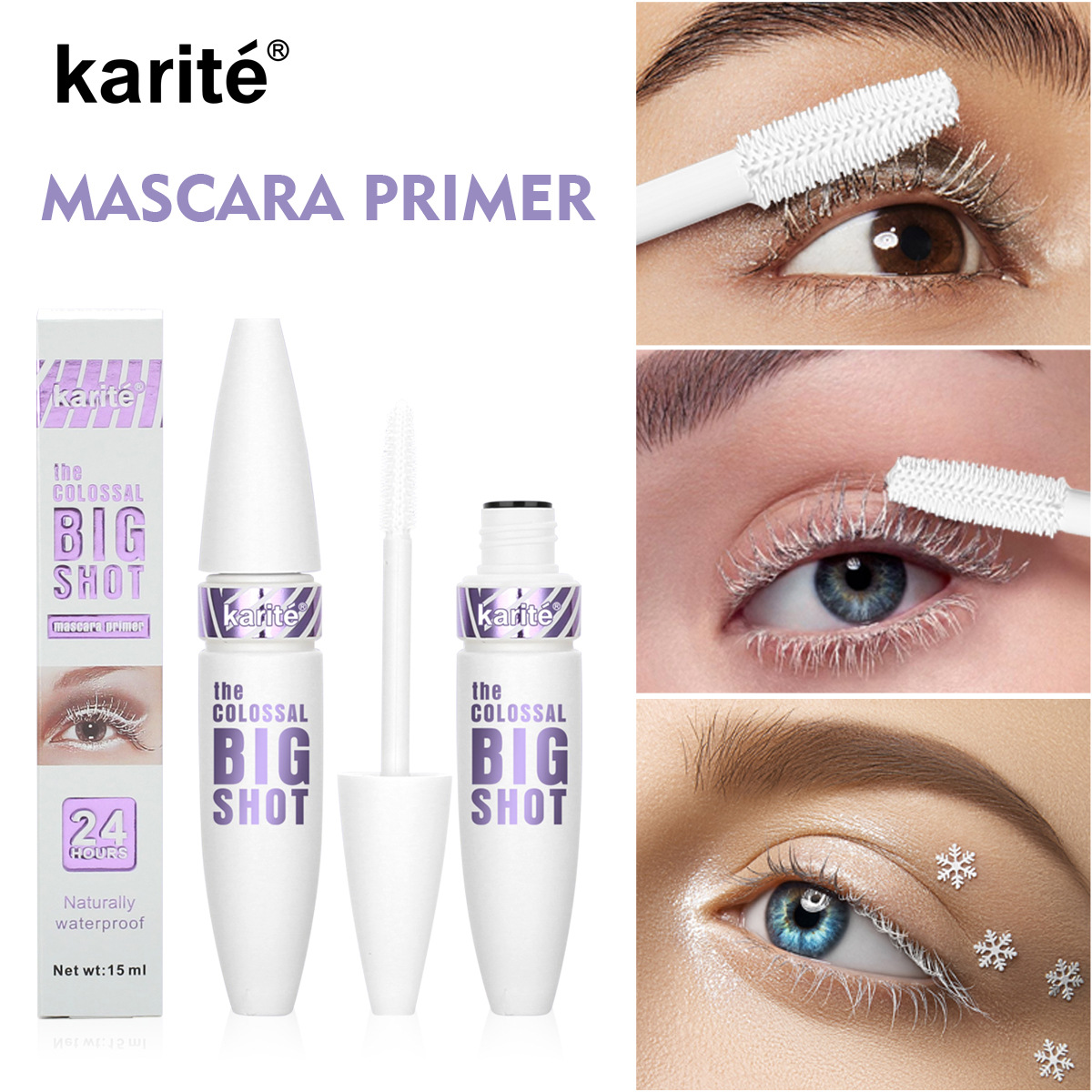 Karite long and curly white mascara is waterproof and sweat-proof. The colored eyelashes do not clump and are not easy to smudge. Cross-border batch full figure