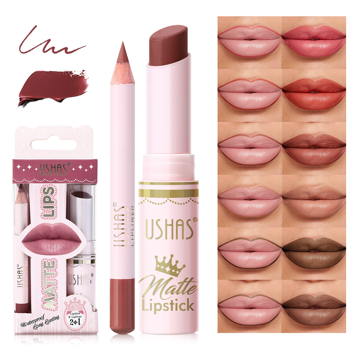 USHAS Cross-border Bestseller Non-stick Cup long-lasting waterproof matte lipstick + lip liner pen Set 12 colors UCS004 details Picture