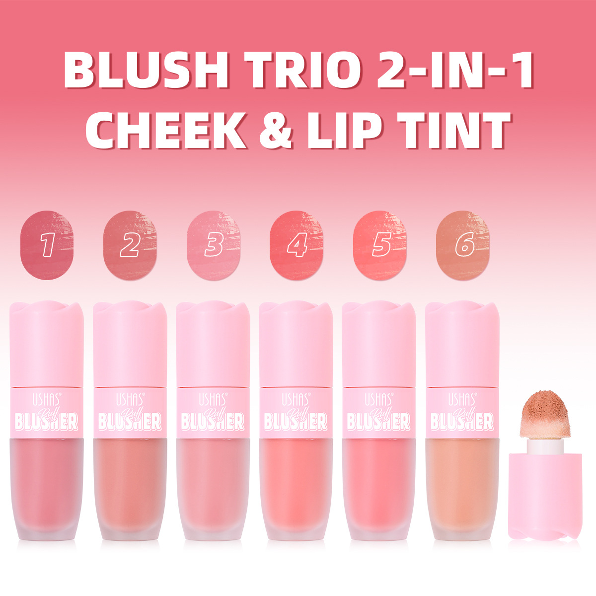 USHAS Cross-border Amazon Bestseller 6-color sponge head blush, waterproof and long-lasting UC141 details Picture