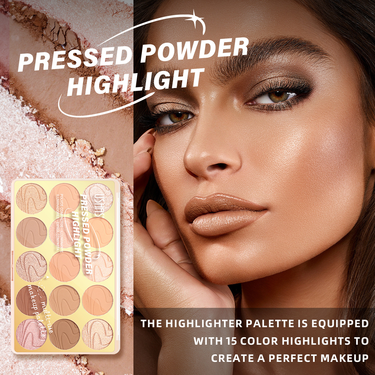 USHAS cross-border Makeup bestsellers: 15-color high-disc concealer and Contouring powder compact + High-gloss UF096A+B details Picture