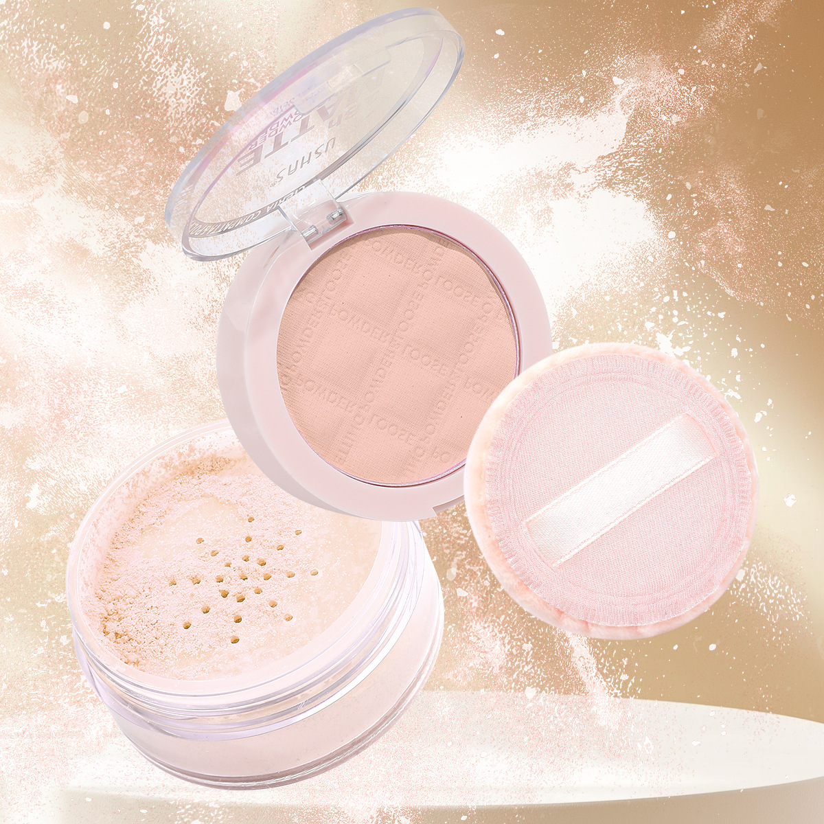 USHAS cross-border in-stock UF065-1234 loose powder + powder compact setting powder, waterproof, sweat-proof, long-lasting oil control and brightening Specification drawing