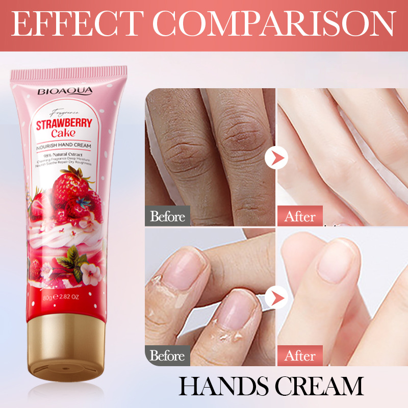 All-english BIOAOUA Strawberry Cake Nourishing Hand Cream Autumn and Winter Moisturizing Hand Cream Cross-border export wholesale Application Scenario