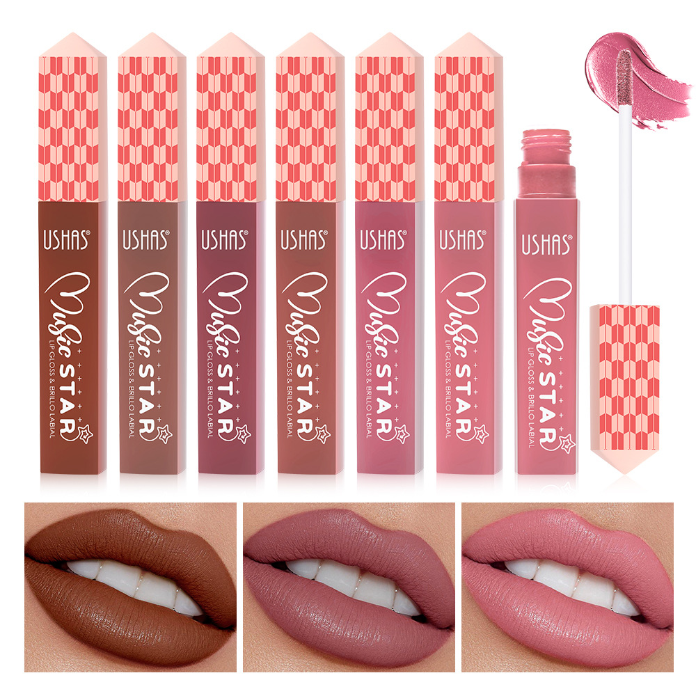 USHAS Amazon's best-selling cross-border 6-color liquid lip gloss, lip gloss, matte, non-stick cup, waterproof lipstick, long-lasting full figure