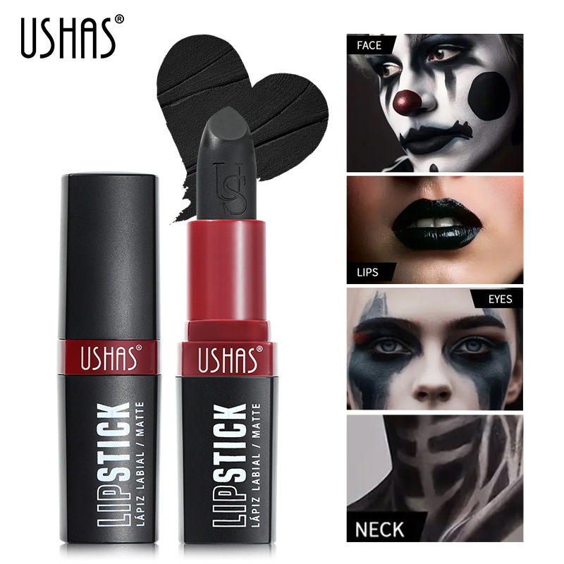 USHAS cross-border foreign trade Halloween in stock black lipstick, waterproof and long-lasting matte lip balm, makeup lip gloss full figure