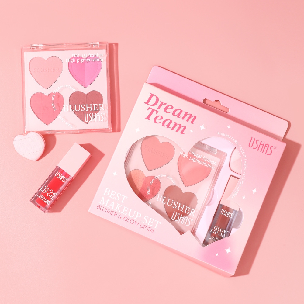 USHAS Cross-border best-selling Moisturizing Lip Blush, Lip Gloss, color-enhancing Blush with powder puff Set wholesale UCS002 full figure