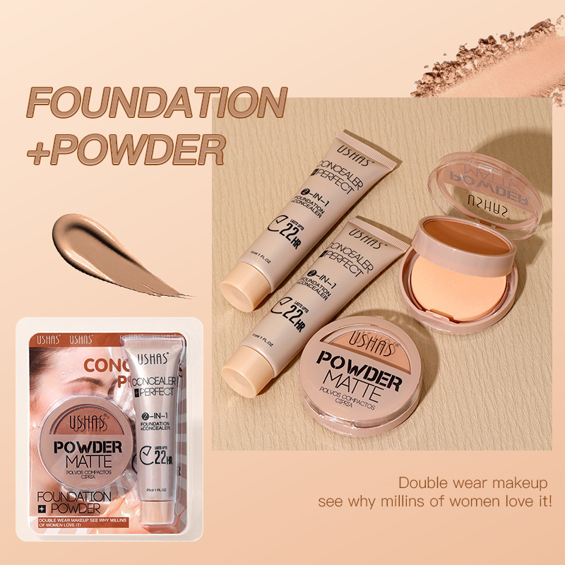 USHAS cross-border in-stock makeup Powder compact + Foundation Set, waterproof, non-smudging, brightening skin tone, Type B details Picture