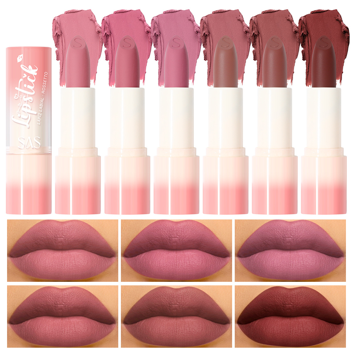 SAS European and American cross-border stock lipstick Waterproof non-stick cup Long-lasting Moisture retention matte semi-silicone lipstick SAC196 full figure