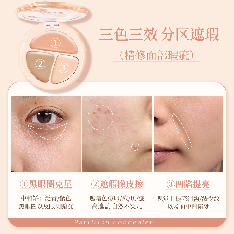 novo's Clear and flawless three-color concealer palette effectively covers spots, facial acne marks, pimples, dark circles, and lightens and brightens the eyes Application Scenario
