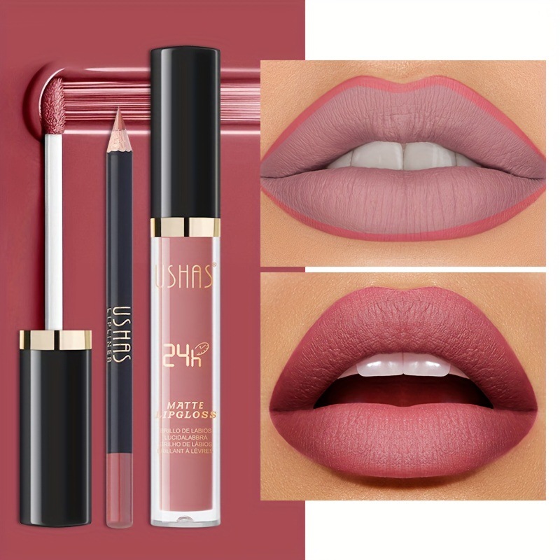 USHAS Cross-border Amazon Lip Gloss + Lip Liner Pen Set Matte Matte Lipstick Makeup Lip Gloss CS386A+B full figure