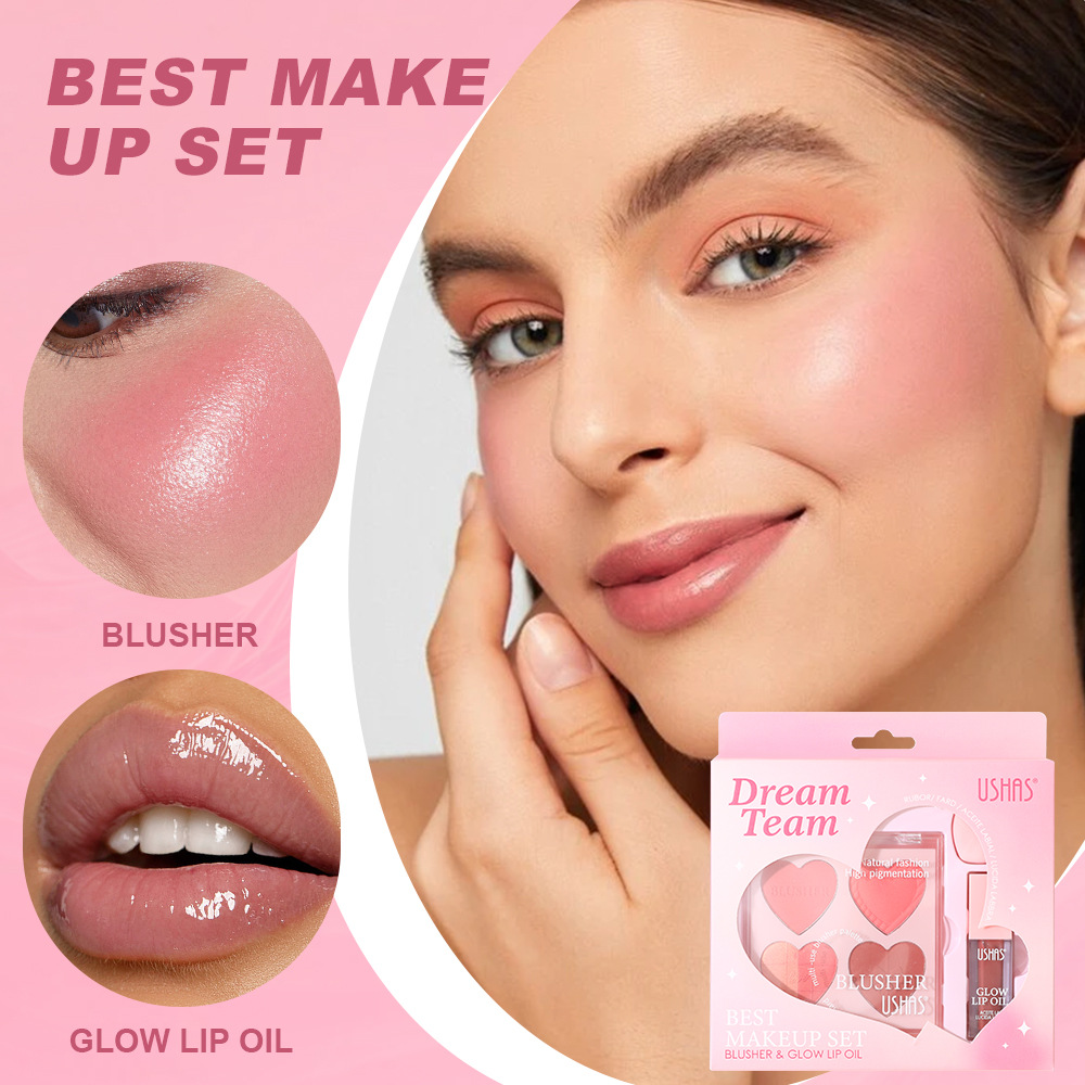 USHAS Cross-border best-selling Moisturizing Lip Blush, Lip Gloss, color-enhancing Blush with powder puff Set wholesale UCS002 details Picture