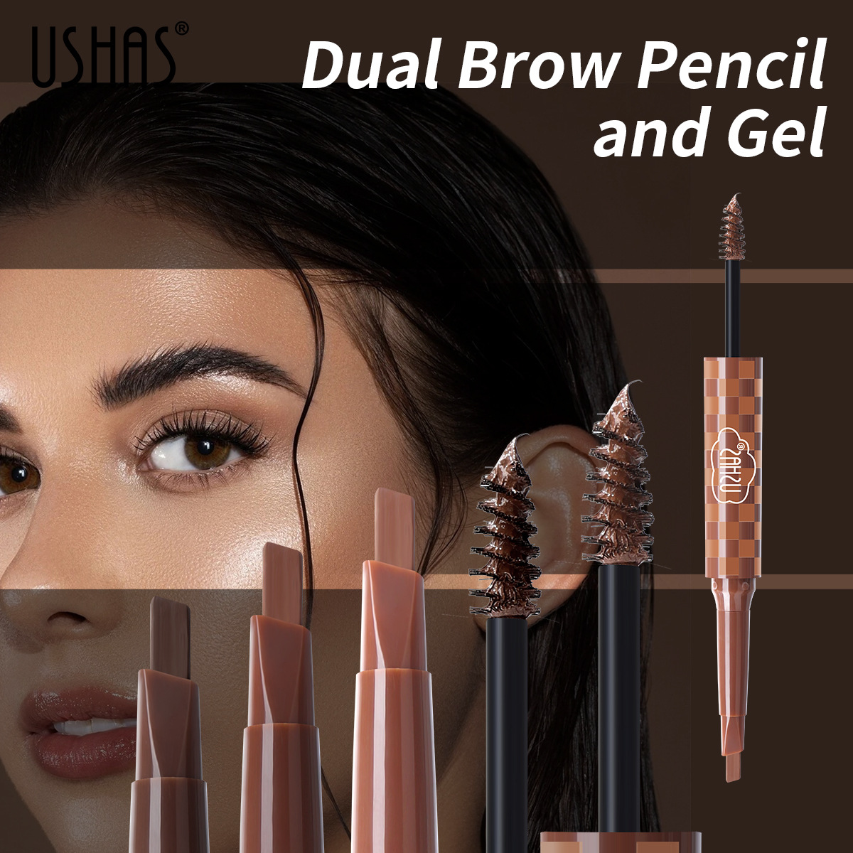 USHAS European and American cross-border stock 3-color multi-functional non-smudging, waterproof and sweat-proof eyebrow pencil and eyebrow brush factory direct sales box set Specification drawing