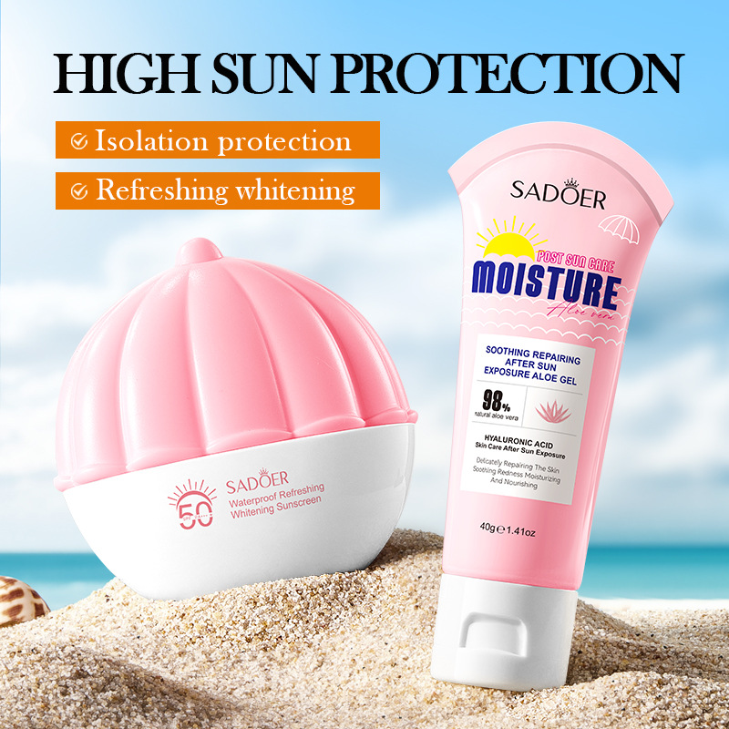 Cross-border export wholesale of all-English SADOER Whitening, Sun Protection, Multi-effect Repair Sunscreen and Aloe Vera Gel set details Picture
