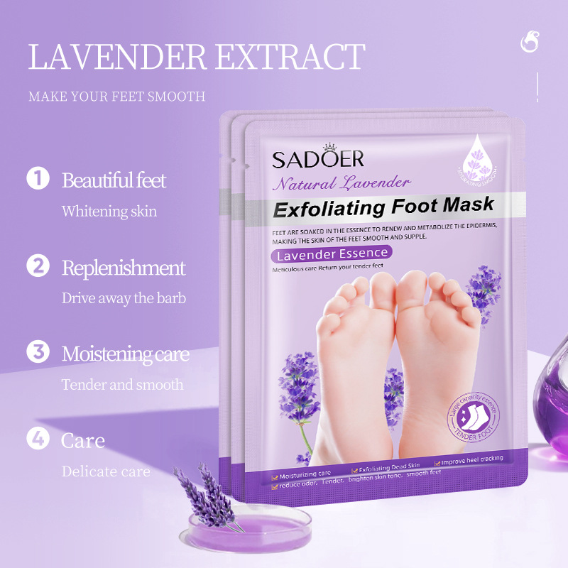 Cross-border export wholesale of all-English SADOER foot mask, goat milk nicotinamide hydrating and moisturizing Lavender foot mask Specification drawing