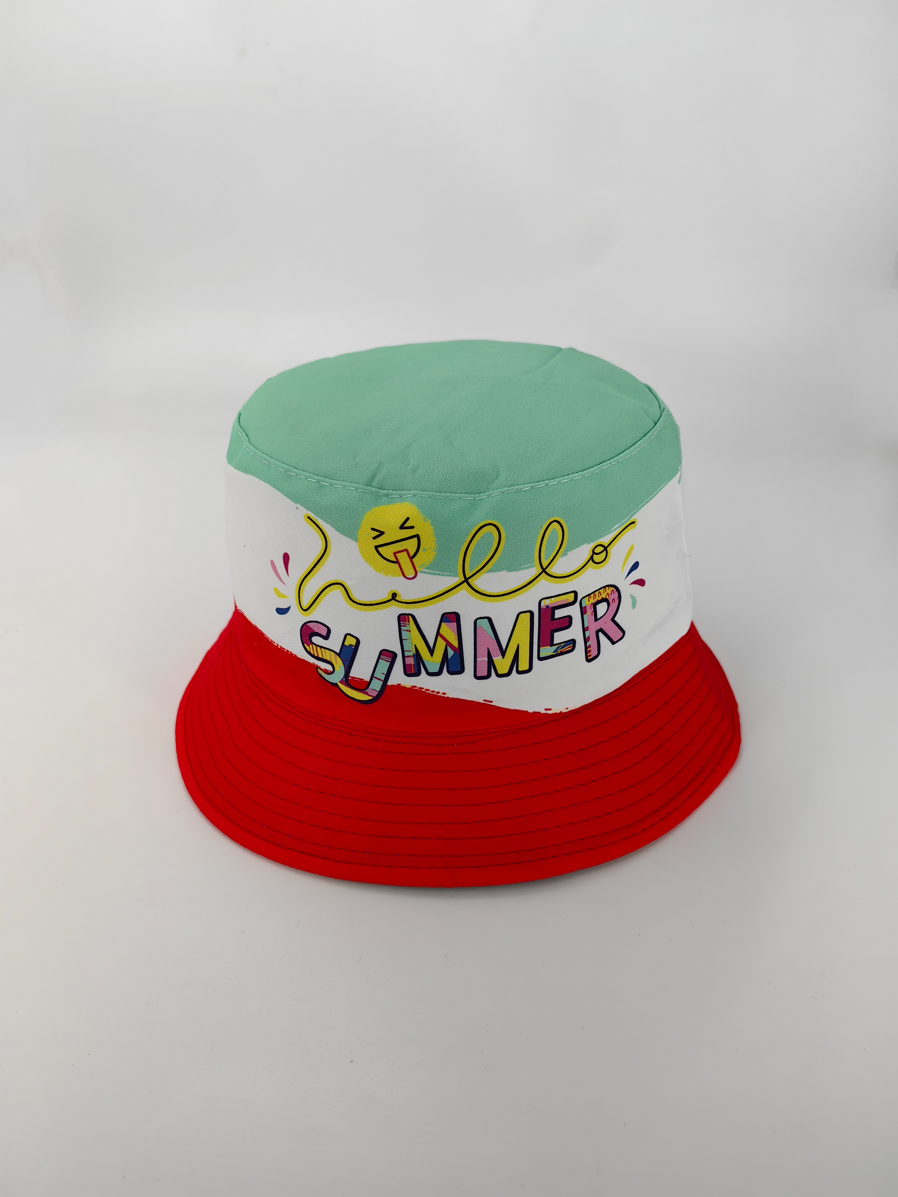 Spring and SUMMER new letter SUMMER, with a cheerful smile print, double-sided fisherman's hat, cute cartoon, versatile, outdoor sun protection and sun protection, foldable for easy carrying, unisply-style, both pier circumference, 54CM fisherman's hat details Picture