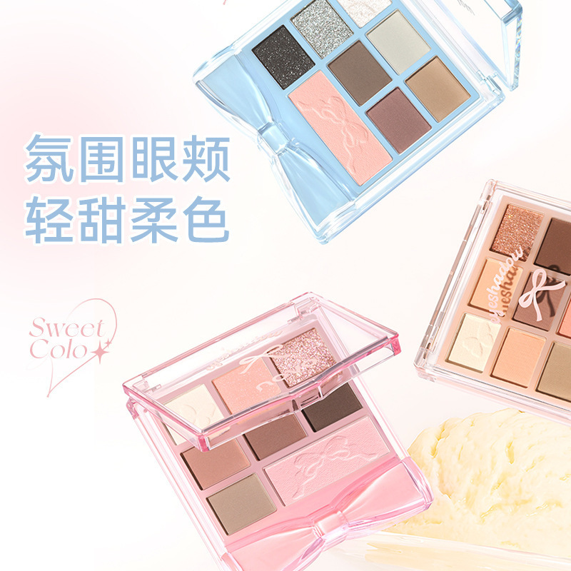 NOVO Bow Eight-color Comprehensive Eyeshadow Palette, strong color display, shadow, highlight, Blush three-in-one, matte and pearlescent full figure