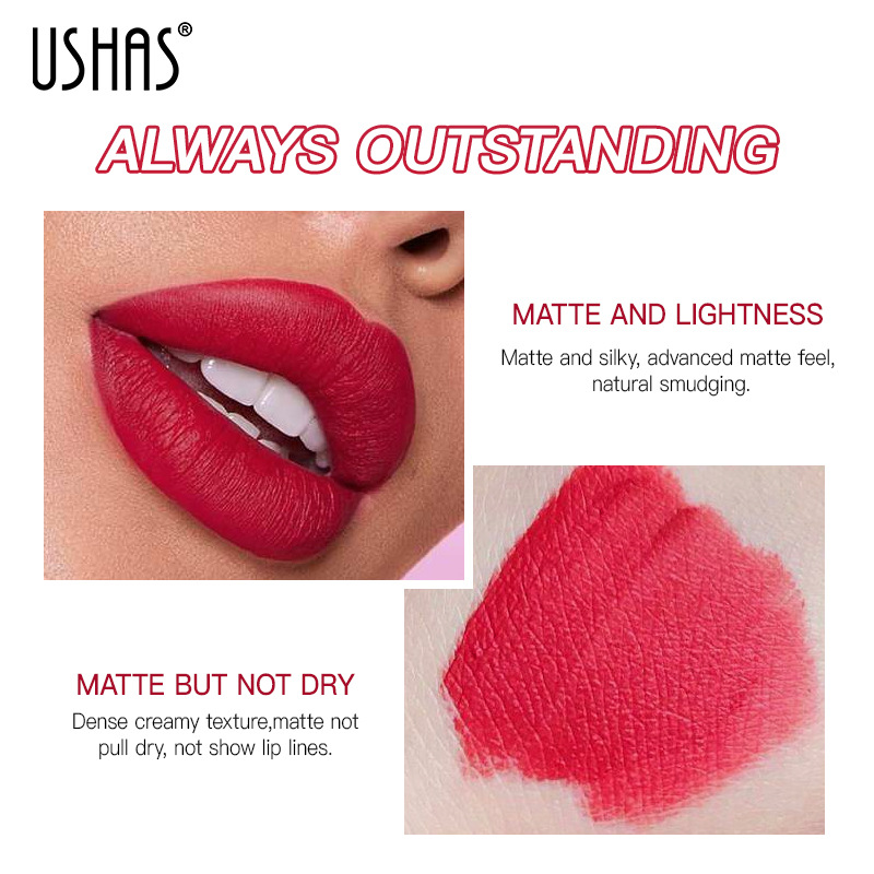 USHAS cross-border matte lipstick, velvet lip gloss, nude lipstick, rose sand color, European and American lip gloss, 6 colors, long-lasting waterproof Specification drawing