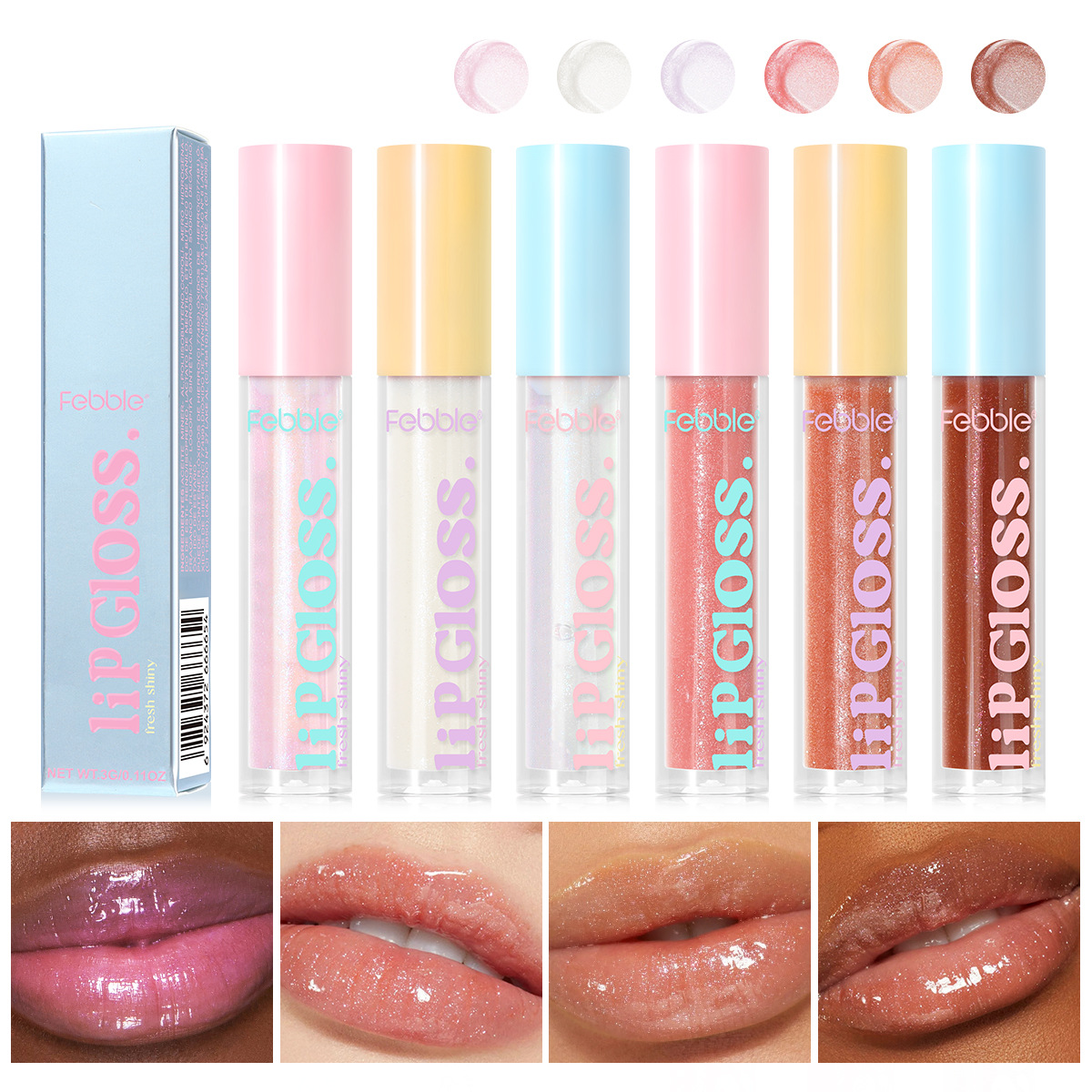 Febble's best-selling 6-color liquid moisturizing and nourishing lip gloss, mirror-like lipstick, honey lip, and shiny lip oil full figure