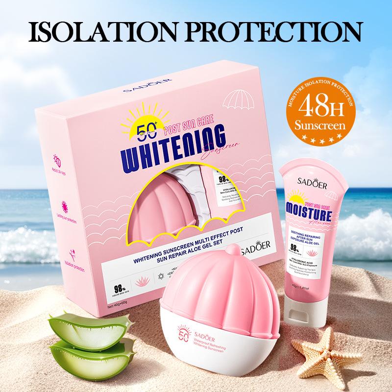 Cross-border export wholesale of all-English SADOER Whitening, Sun Protection, Multi-effect Repair Sunscreen and Aloe Vera Gel set full figure