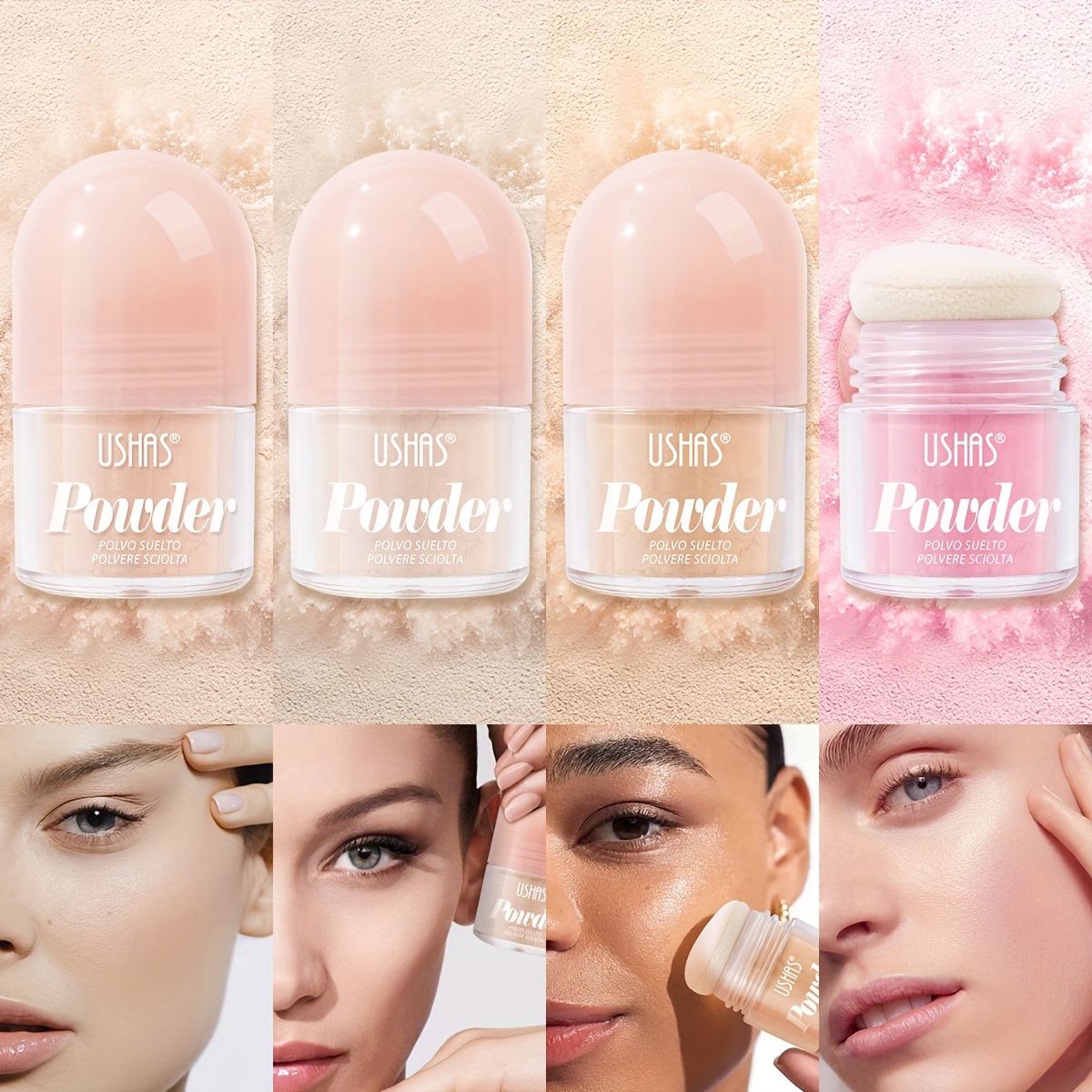 USHAS cross-border stock loose powder from Europe and America, fine coverage, long-lasting oil control, water resistance, sweat resistance, brightening skin tone UF023 full figure