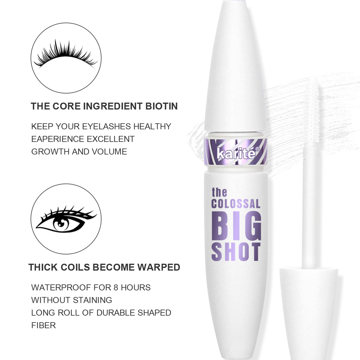 Karite long and curly white mascara is waterproof and sweat-proof. The colored eyelashes do not clump and are not easy to smudge. Cross-border batch Application Scenario