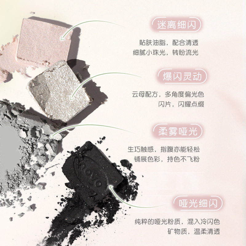 NOVO Nine-color eyeshadow palette, earth tones, shiny and super sparkling, ins, affordable, non-smudging, waterproof, high-end eyeshadow Specification drawing