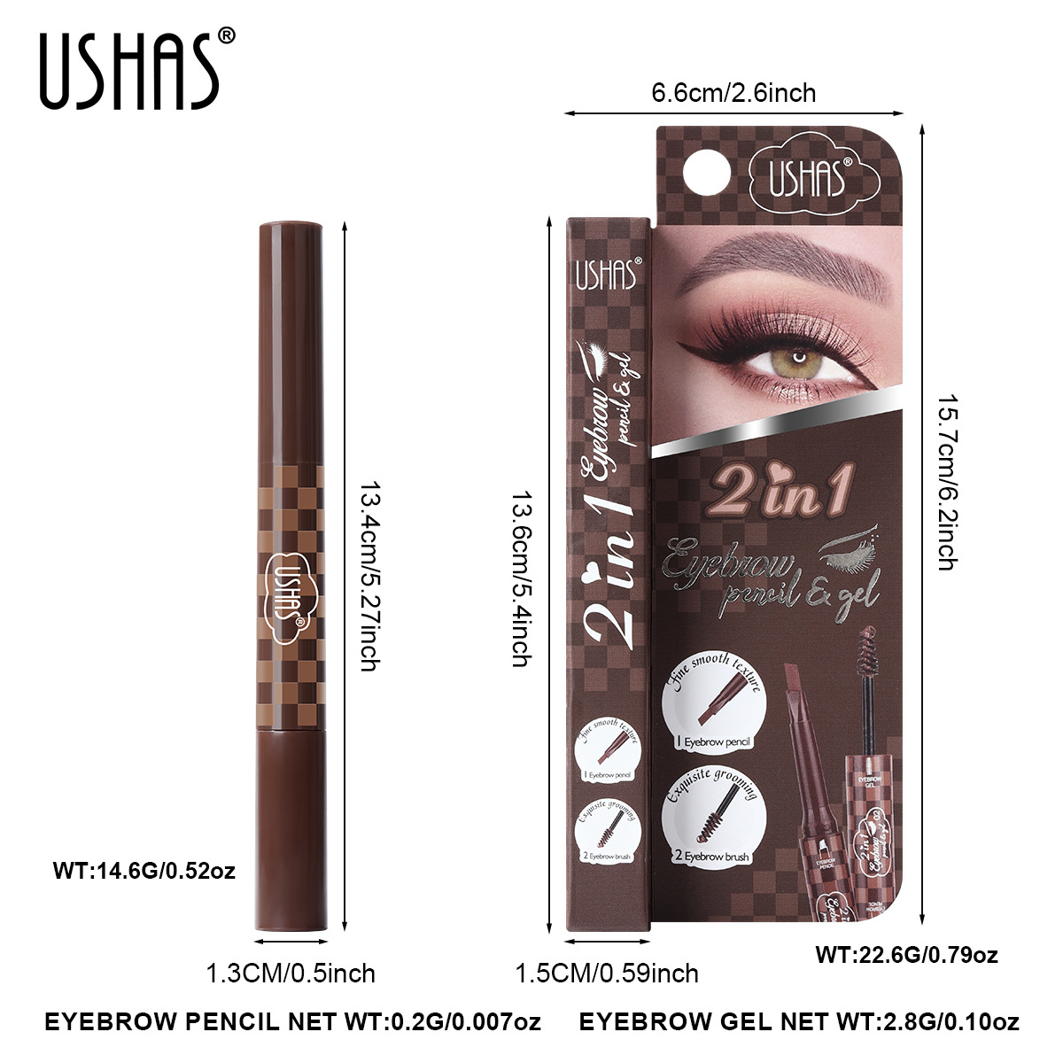 USHAS European and American cross-border stock 3-color multi-functional non-smudging, waterproof and sweat-proof eyebrow pencil and eyebrow brush factory direct sales box set Item Picture