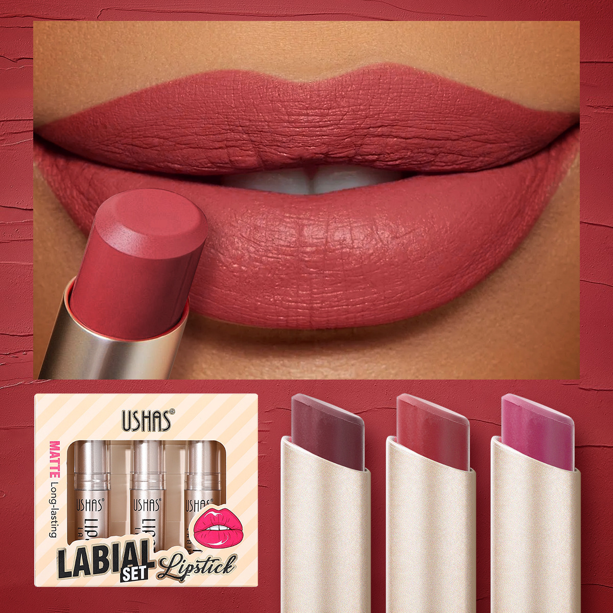 USHAS European and American cross-border Stock 3-piece Lipstick Set, Long-lasting Waterproof Moisturizing Lip Matte Lipstick US010A details Picture