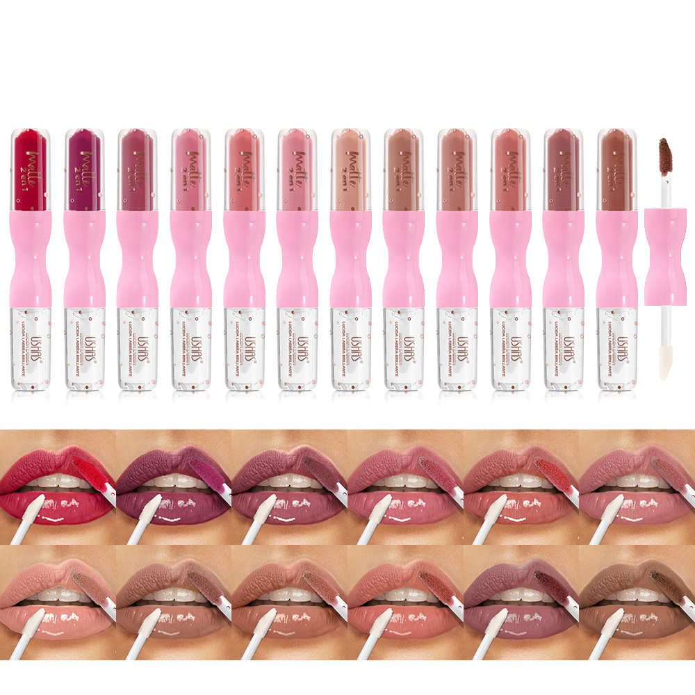 (Display Box) USHAS Beauty Cross-border 12-color Lip gloss matte lipstick Lip gloss that is easy to apply and does not stick to cups details Picture