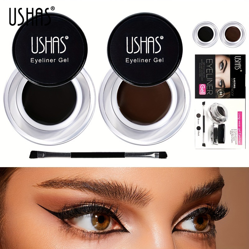 USHAS cross-border in-stock best-selling eyeshadow cream bottle with brush eyeliner cream Eyeliner brush waterproof and sweat-proof European and American eye makeup full figure