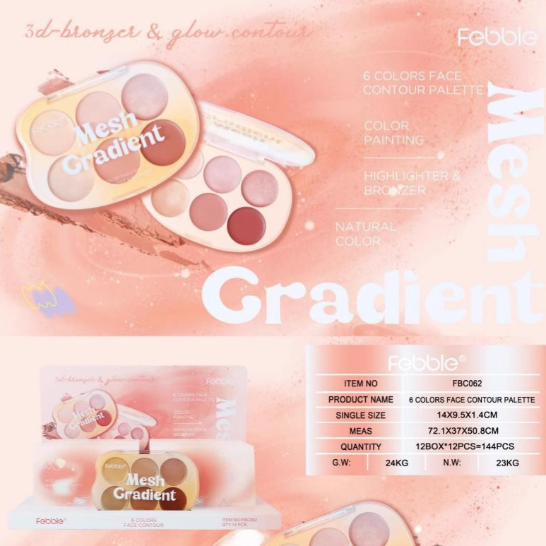 (Display Box)Febble Cross-border Makeup Bestseller: High Appearance Level Six-color Gradient High-gloss Contouring Tray FBC062 full figure
