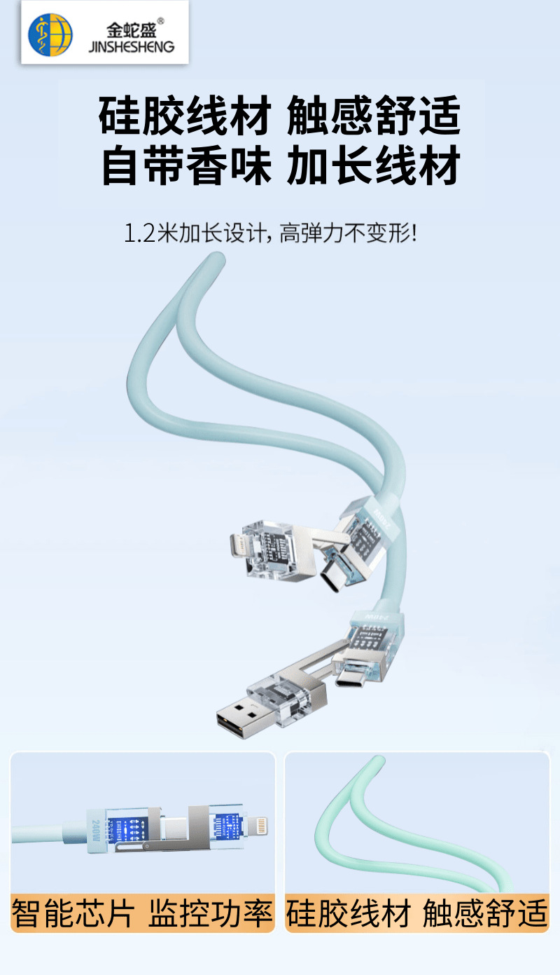 Transparent visual chip intelligent flash charging with built-in fragrance 240W four-in-one silicone data cable, suitable for Apple and Huawei pic 4