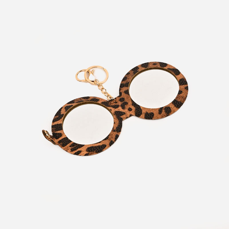 豹纹搭扣圆形小镜子pu皮折叠双面镜随身便携补妆镜钥匙扣挂件产品图