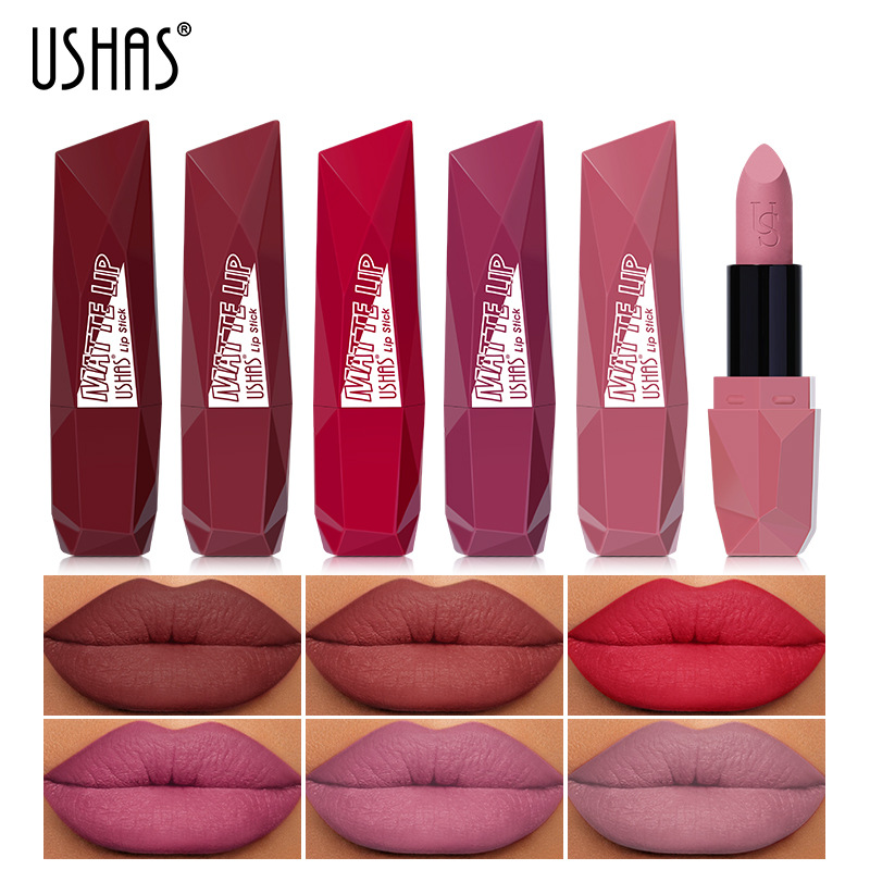 USHAS cross-border matte lipstick, velvet lip gloss, nude lipstick, rose sand color, European and American lip gloss, 6 colors, long-lasting waterproof full figure