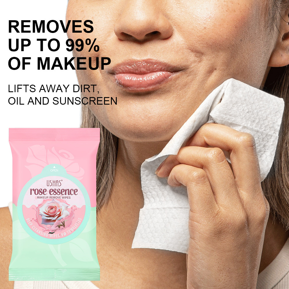 USHAS cross-border stock 10-pack makeup remover wipes, gentle and deep cleansing for eyes, lips and face, disposable facial cleansing wipes, portable Specification drawing
