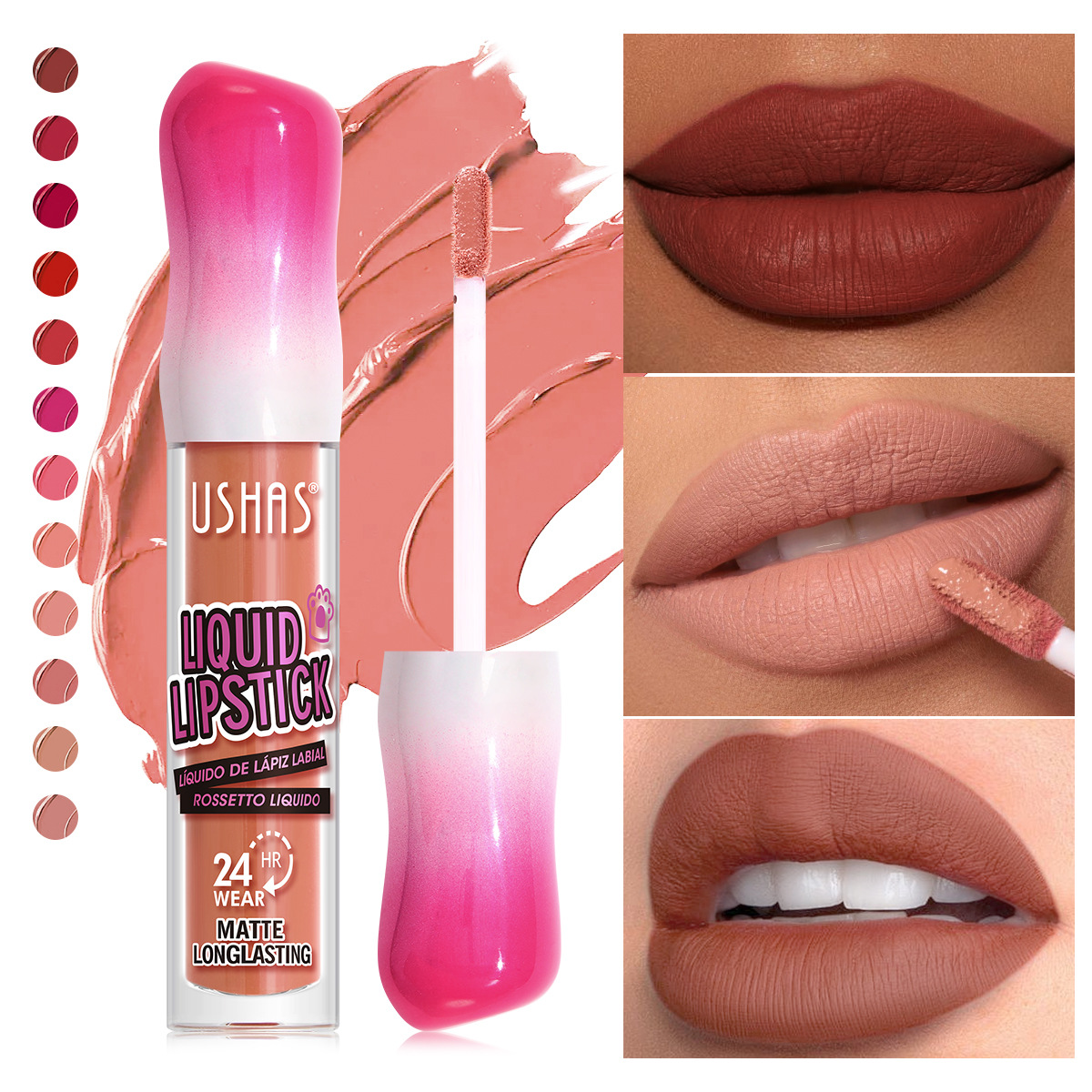 USHAS European and American cross-border moisturizing non-stick cup liquid waterproof lipstick, 12-color lip gloss, matte lip gloss, wholesale in stock Specification drawing