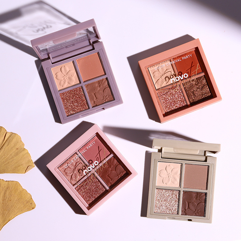 NOVO Cherry Blossom Story Four-color Eyeshadow, super popular glitter powder, small plate bead matte, portable, waterproof, affordable earth tone eyeshadow details Picture