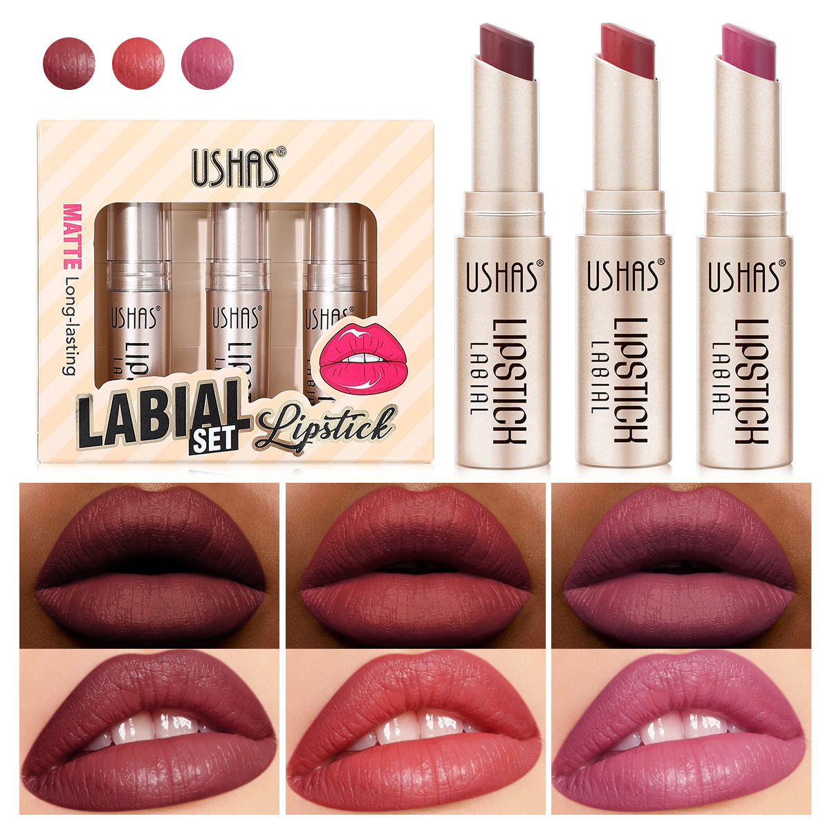 USHAS European and American cross-border Stock 3-piece Lipstick Set, Long-lasting Waterproof Moisturizing Lip Matte Lipstick US010A full figure