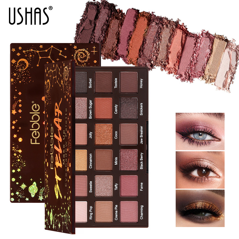 USHAS Cross-border 18-color matte micro-gloss eyeshadow palette brightening eyeliner Eyeshadow palette Earth tone women's pearl glow Specification drawing