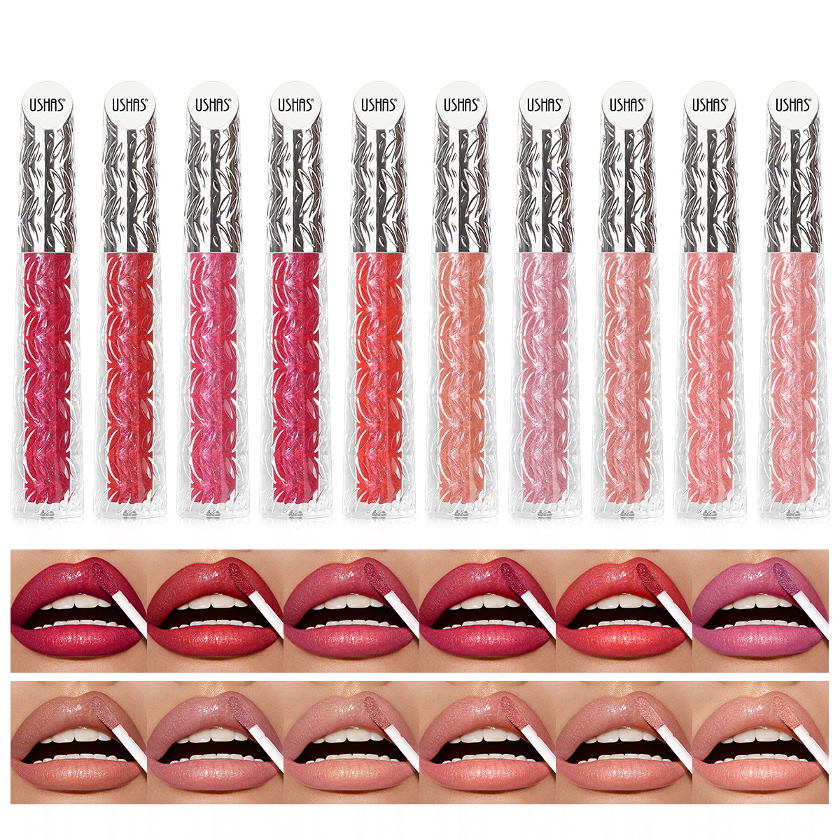 USHAS European and American cross-border stock liquid lipstick, waterproof, non-stick cup, moisturizing, easy to color, pearlescent lip gloss UC121A+ full figure