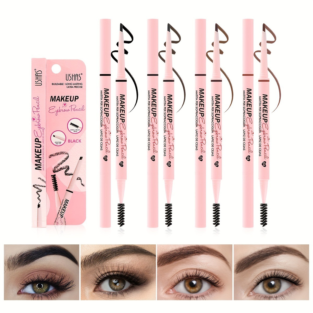 USHAS cross-border bestseller rotating eyebrow pencil is waterproof, sweat-proof, does not fade, lasts long without smudging, and offers natural makeup full figure