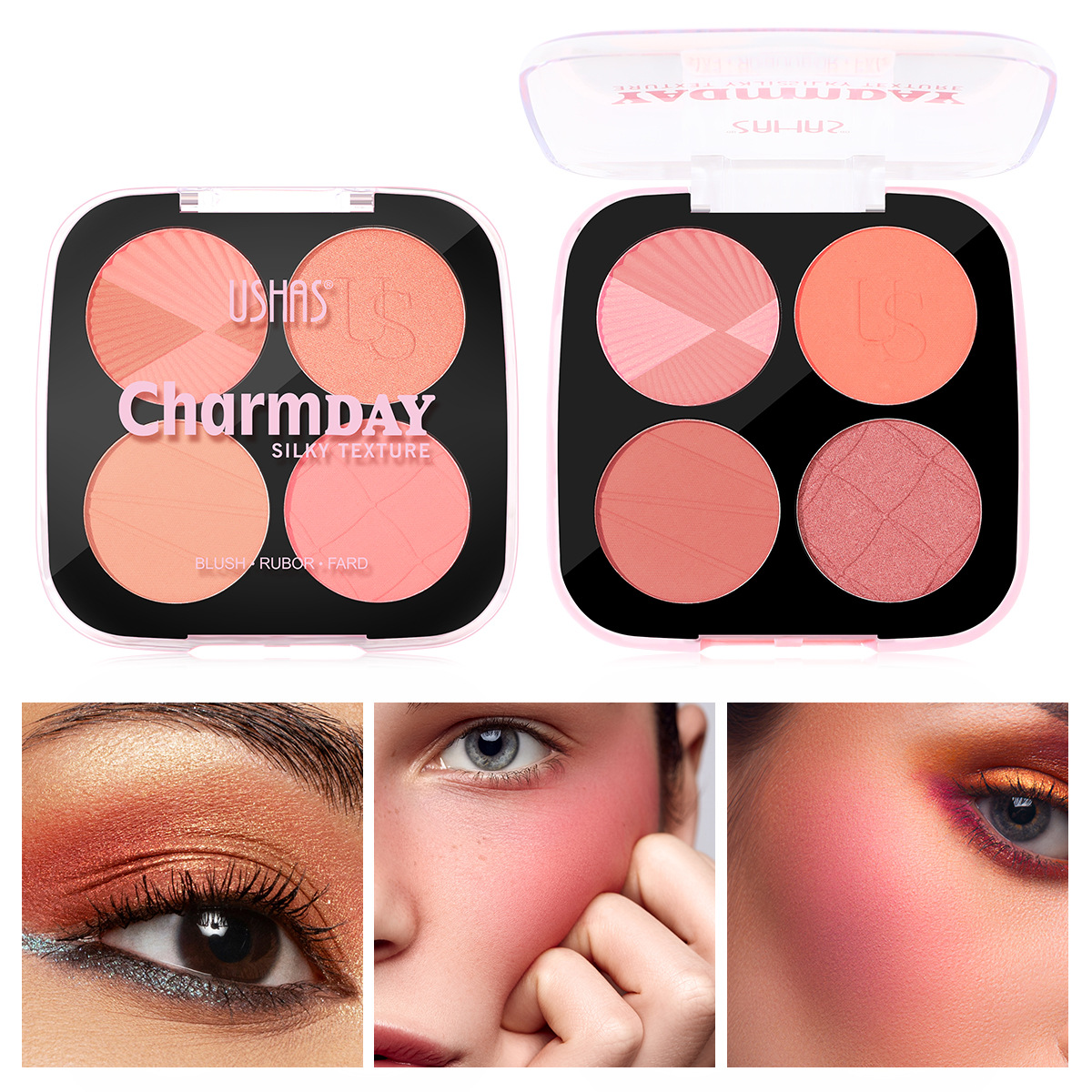 USHAS cross-border stock four-grid Powder Blush for Europe and America, light, fine and natural makeup effect UBL003 full figure