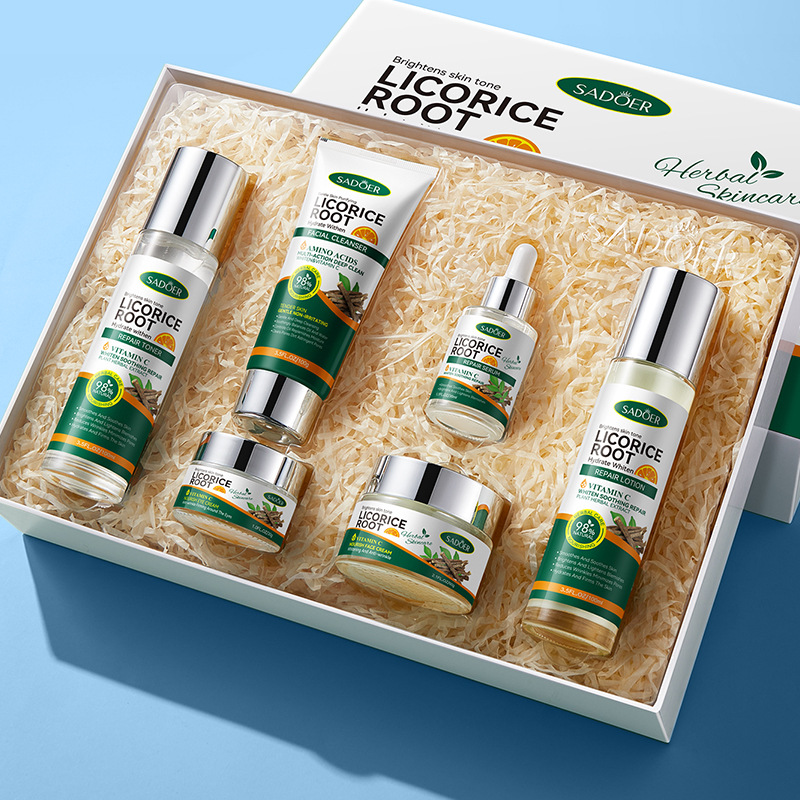 Cross-border export wholesale of SADOER licorice VC Hydrating, Whitening and Nourishing six-piece skin care Set Application Scenario