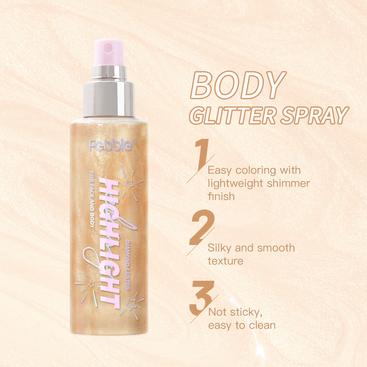 Febble Cross-border Waterproof Sulfur Light Spray Long-lasting Contouring Liquid High-gloss Liquid Facial and Body Fine Flash FBC058 Specification drawing